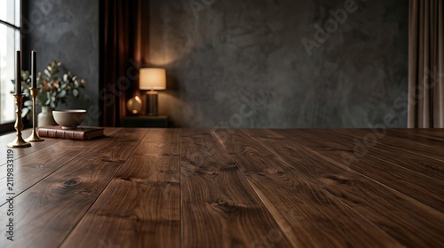 Luxury minimalist interior design featuring a dark wooden floor and moody textured concrete walls for a modern home atmosphere