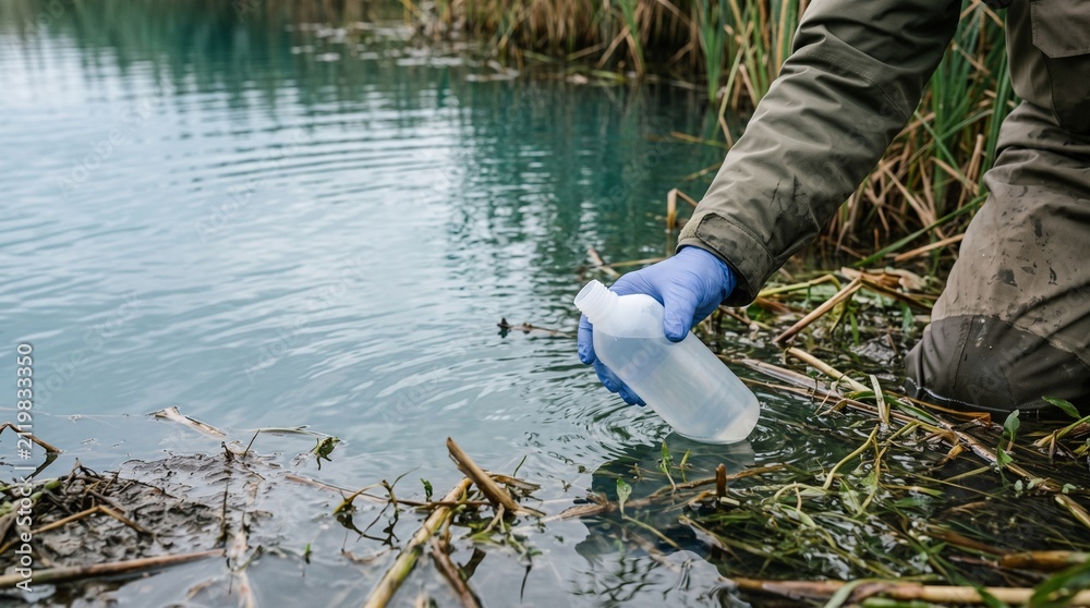 Fototapeta premium Field scientist collects an eDNA water sample in reeds