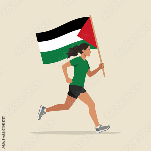 Flat illustration of people carrying the Palestinian flag.