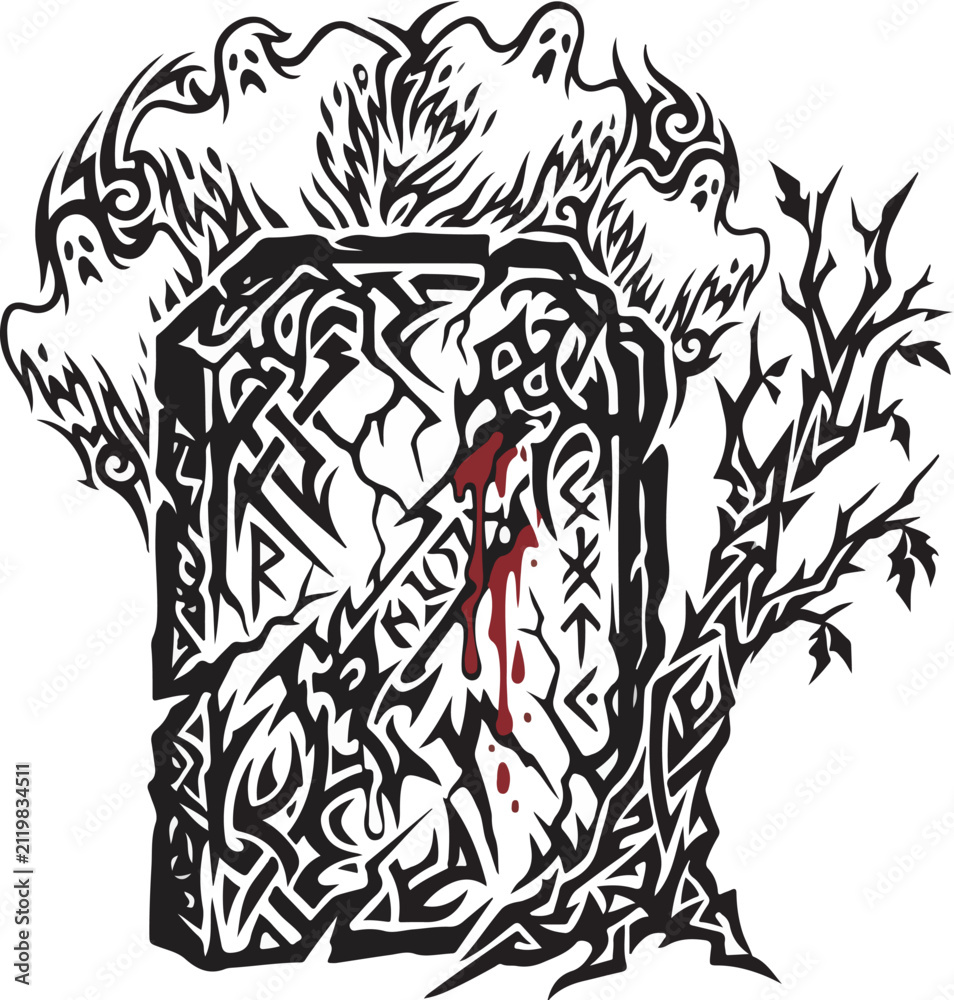 Fototapeta premium Sinister ghost spirit swirling around a cracked stone grave marker halloween tribal vector illustration
