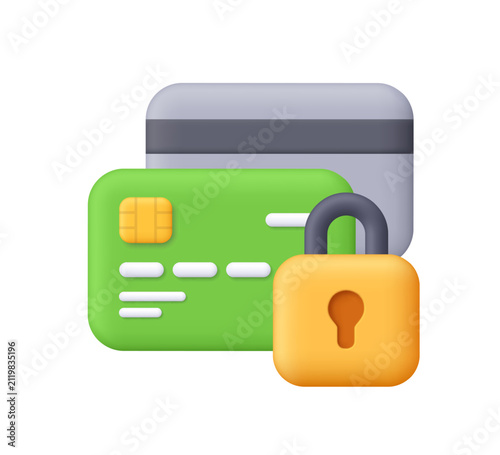 Green bank credit card with yellow lock. Financial security, protected online transactions, digital banking, cybersecurity and safe payment concept. 3d vector icon. Cartoon minimal style.