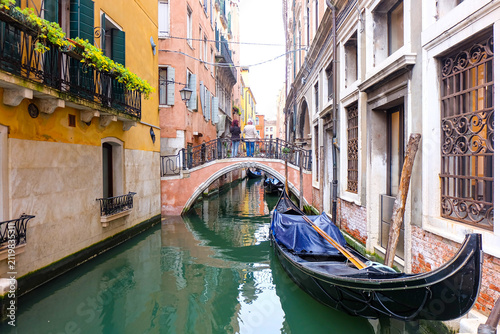 Fotografía City of Venice, canal, boats, gondola and alley street with colorful buildings a