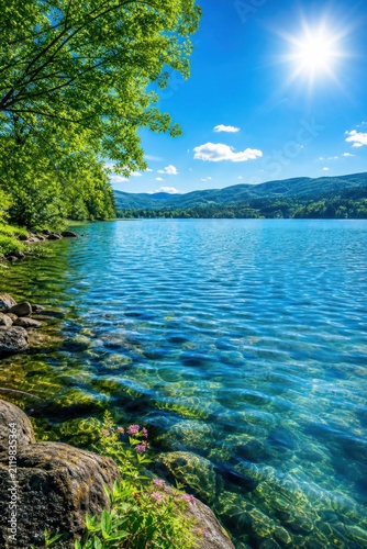 Crystal-clear turquoise lake reflecting lush green mountains under bright blue sky, serene nature escape with vibrant wildflowers and rocky shoreline