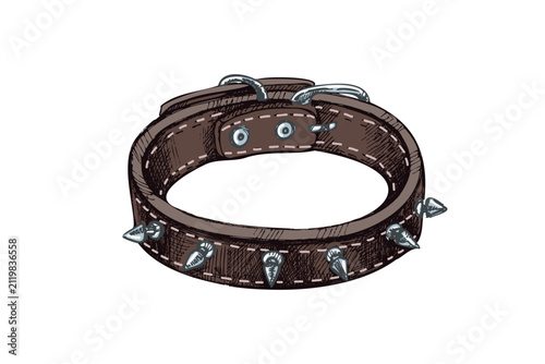 Hand drawn spiked dog collar in vintage sketch style with brown leather and metal studs