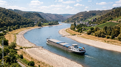 Cargo barge follows a low water channel on the Rhine river