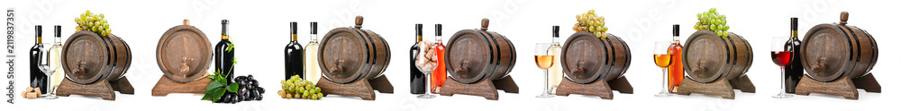 Obraz premium Wooden wine barrels with bottles and glasses of wine on white background