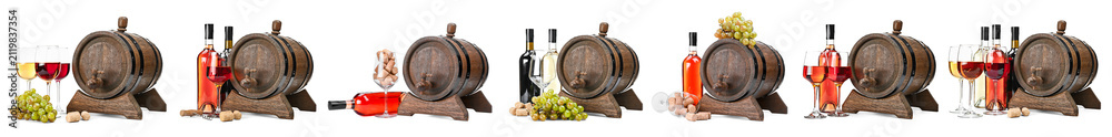 Fototapeta premium Wooden wine barrels with bottles, glasses, and grapes
