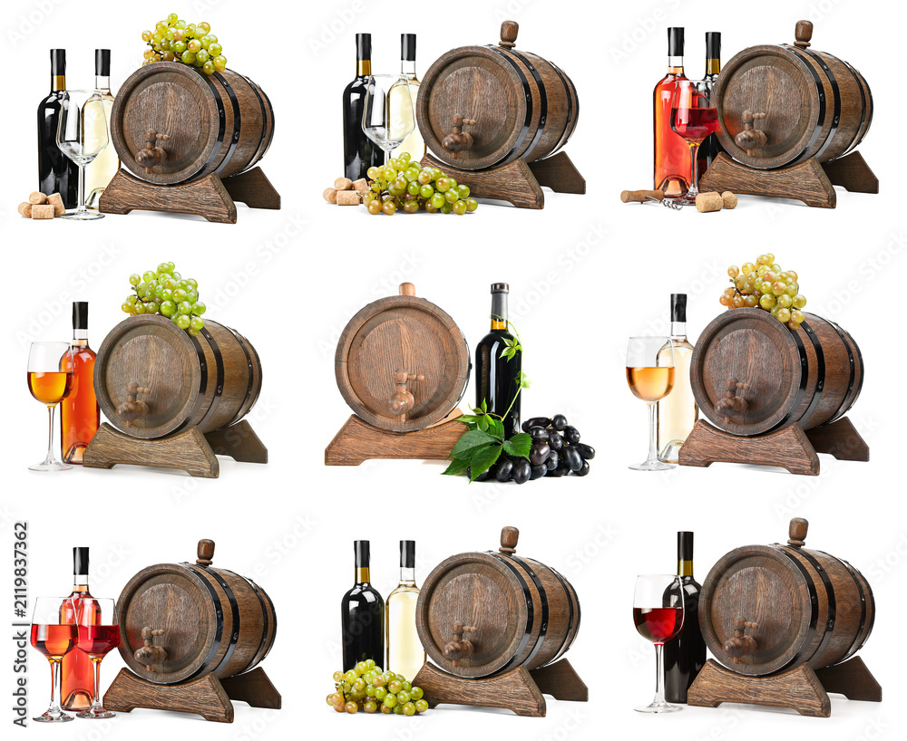 Obraz premium Wooden wine barrels with bottles, glasses, and grapes collage