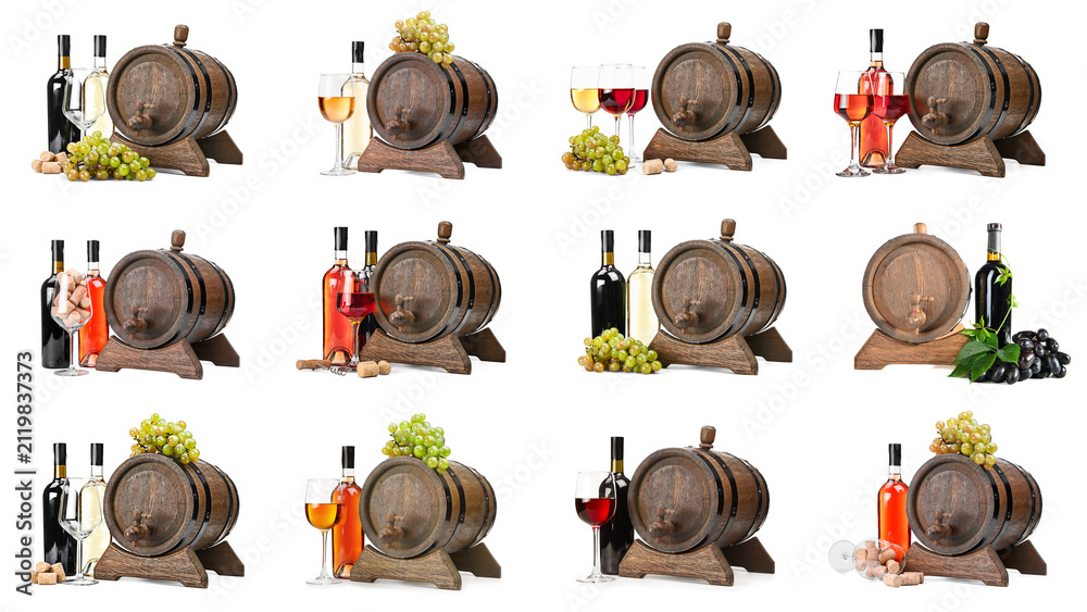 Obraz premium Collection of wooden wine barrels with bottles and glasses