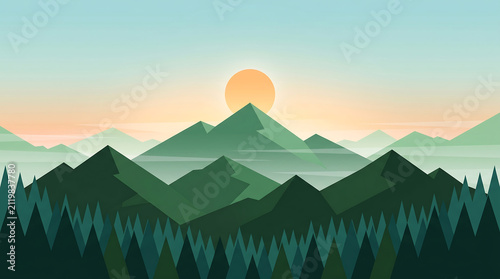 Mountain landscape with sunrise over green forest peaks Generative AI