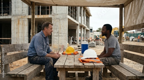 Construction coworkers pause for a calm peer wellbeing check-in