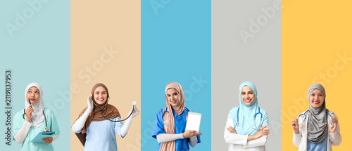 Foto Diverse group of muslim female doctors and nurses in hijabs, healthcare professi