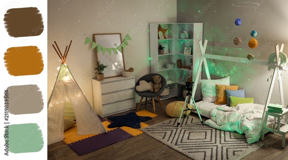 Obraz premium Cozy children's bedroom with a teepee, bed, and planet mobile under a starry night light projection