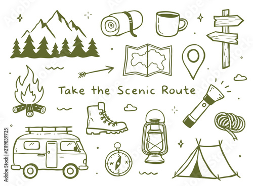 Foto Set of hand drawn camping and hiking elements