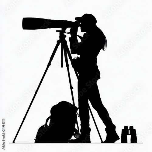 Birdwatcher using telescope in the early morning on a nature trail with backpack and binoculars nearby