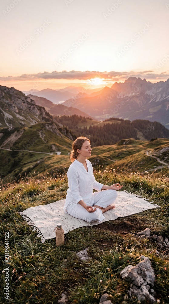 Fototapeta premium A serene woman in white clothing practices yoga on a mountain peak during a golden sunset hour.