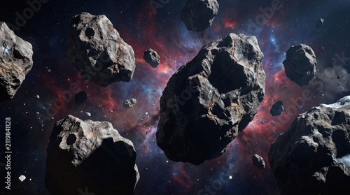 Sci-fi asteroid field showcasing massive dangerous rocks drifting through interstellar space.