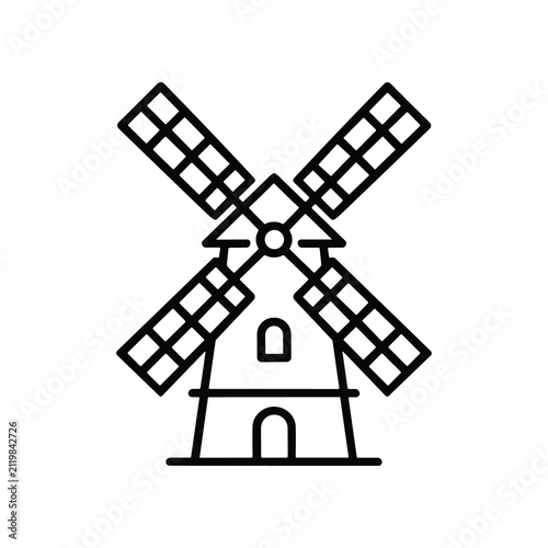 Simple outline drawing of a traditional windmill with four sails against a white background.