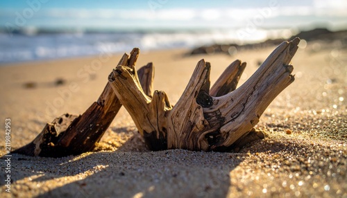 Weathered driftwood resting on a sandy beach with ocean waves and sunlight creating shadows