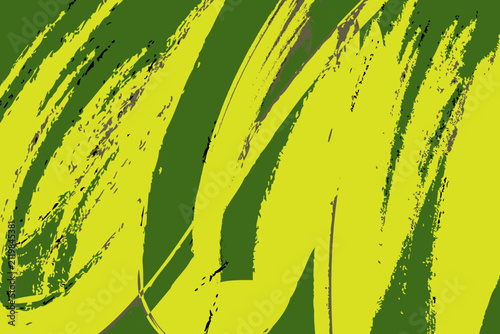 Abstract green background yellow brushstrokes with textured paint splatters. Expressive vector pattern graphic design for banner, wallpaper, poster template. Graffiti aesthetics and conceptual artwork
