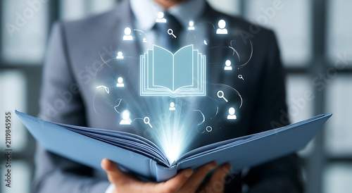Corporate professional reviewing digital policy document with compliance icons. Governance, regulation management, and modern business documentation workflow in a professional office environment.