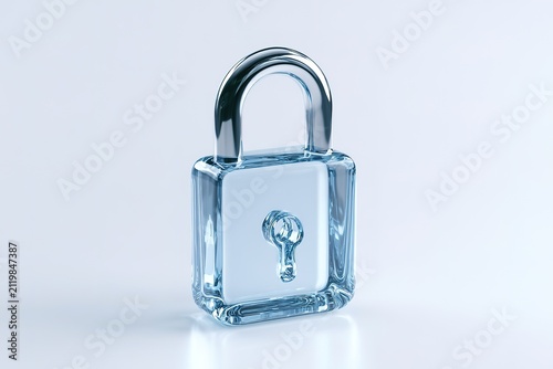 Transparent glass padlock symbol isolated on white background representing security data protection and privacy concepts.