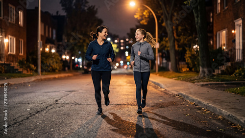 Two happy women enjoying a night run on a quiet residential street.
