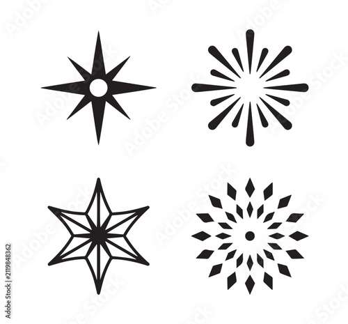 Stars are depicted in four varied artistic styles including radiant and geometric patterns.