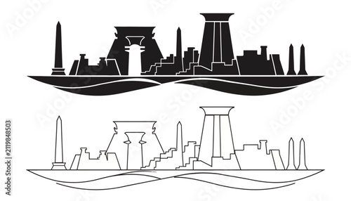 Stylized Egyptian City Skyline Silhouette, Ancient Architecture Icon