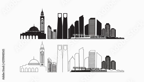 City skyline silhouette and outline vector, modern urban architecture design.