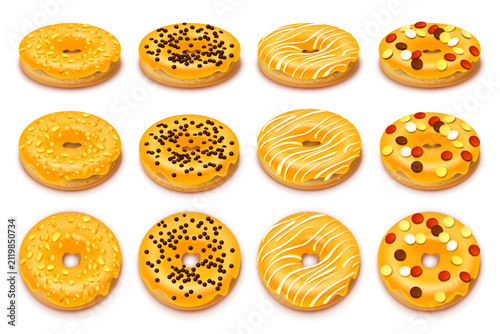 Collection of yellow donuts sprinkles sugar glaze, marshmallows and chopped nuts. Fast food isolated on a white background. Realistic style. 