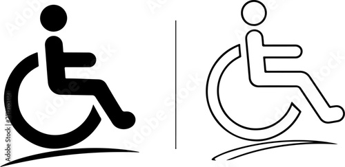 Wheelchair accessibility icon set featuring disabled mobility symbols in flat, solid and outline styles. Black vector collection of handicap signs, accessible pictograms and mobility aid icons 