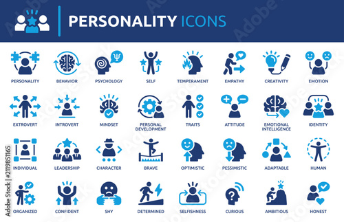 Obraz na płótnie Personality icon set, containing behavior, psychology, traits, character, identity, temperament, mindset and more