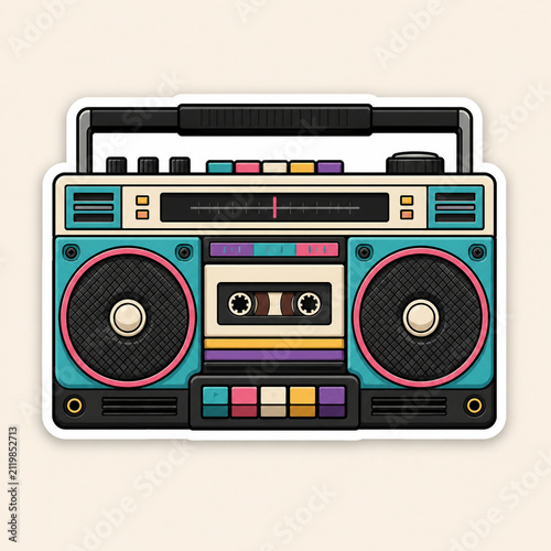 Colorful 1990s Boombox Sticker Illustration with Twin Speakers and Retro Pop Art Style