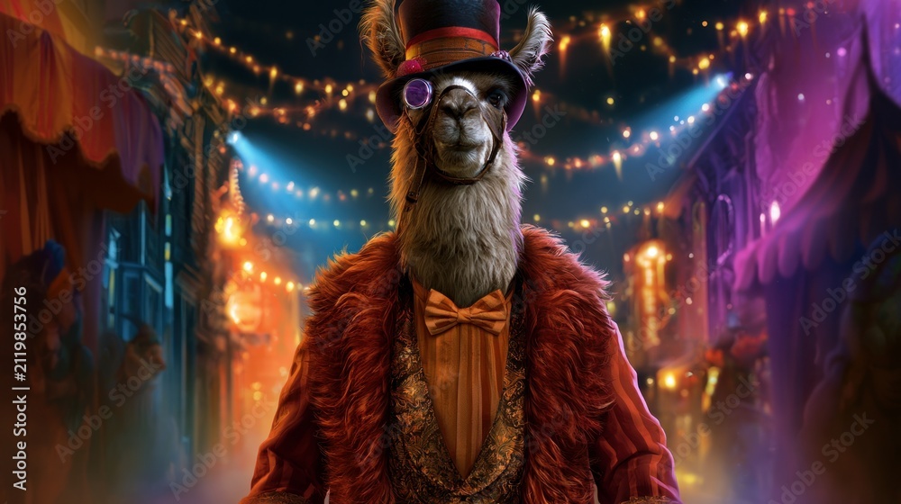 Obraz premium Dapper Llama Ringmaster at Colorful Halloween Carnival