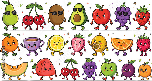 Cute cartoon fruit characters vector sticker pack with happy smiling expressions pear apple strawberry avocado and cherry