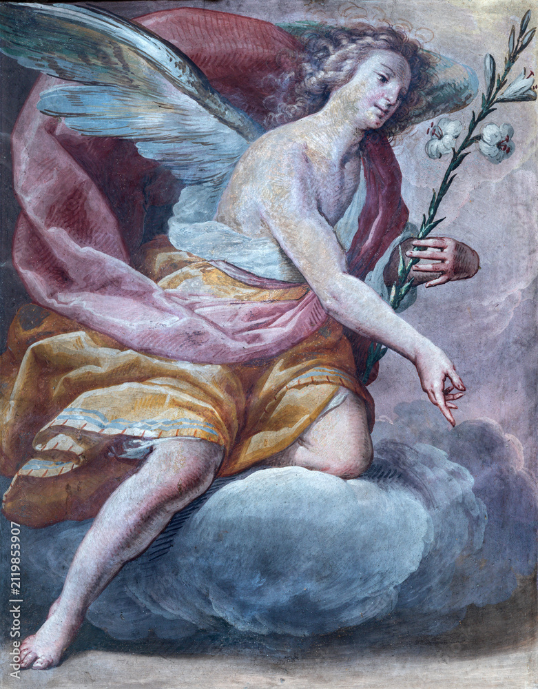 Fototapeta premium Crema - The fresco of Archangel Gabriel from Annunciation in the church Santuario di Santa Maria delle Grazie by Gian Giacomo Barbelli (1643).