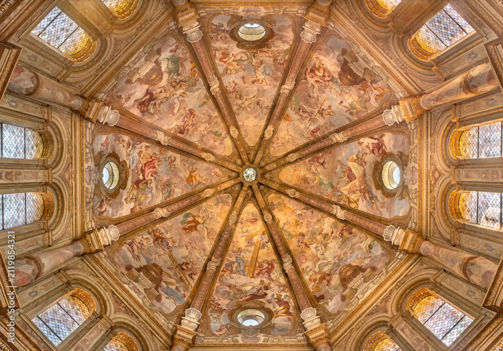 Fototapeta premium CREMA, ITALY - MARCH 20, 2026: The fresco of angels with the Crucifixion instruments in cupola of the church Santuario di Santa Maria della Croce by Giacomo Parravicino (1702).