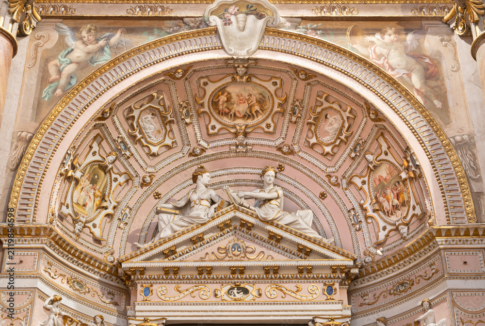 Fototapeta premium CREMA, ITALY - MARCH 20, 2026: The stucco of side altar in the church Santuario di Santa Maria della Croce by Giovan Battista Castello from year (1585)