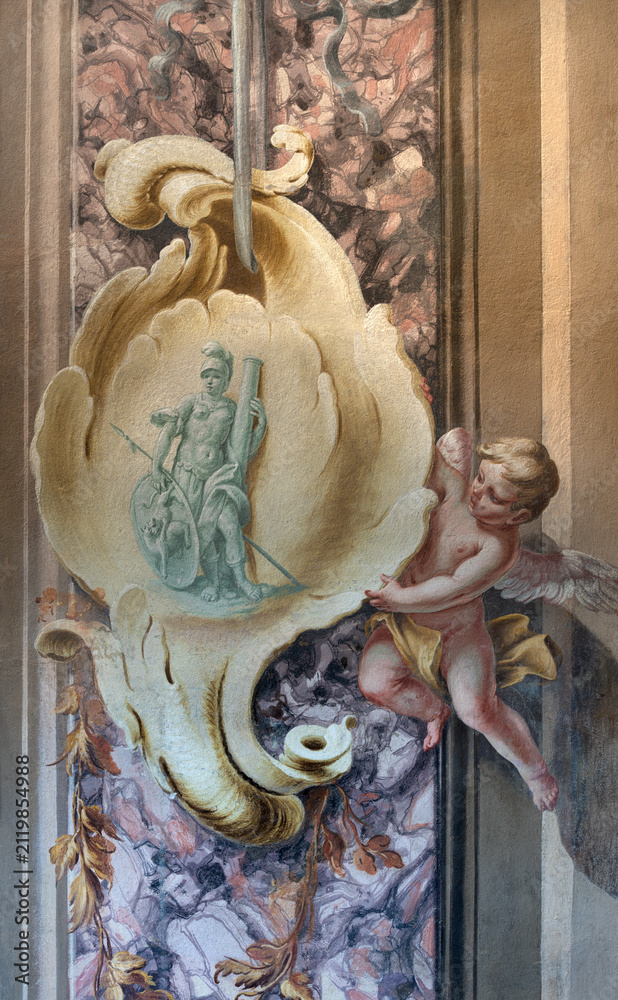 Fototapeta premium CREMA, ITALY - MARCH 20, 2026: The fresco of baroque angel with the saint the church Santuario di Santa Maria della Croce by brothers Giuseppe and Giovanni Antonio Torricell from year 1762