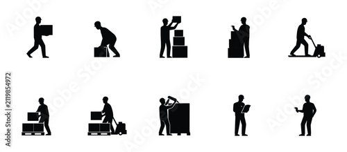Bild auf Leinwand Collection of diverse workers demonstrating safe lifting techniques and warehous