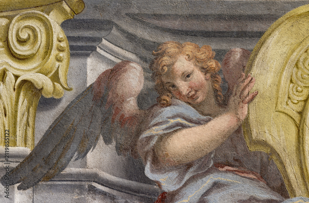 Fototapeta premium CREMA, ITALY - MARCH 20, 2026: The fresco of baroque angel the church Santuario di Santa Maria della Croce by brothers Giuseppe and Giovanni Antonio Torricell from year 1762
