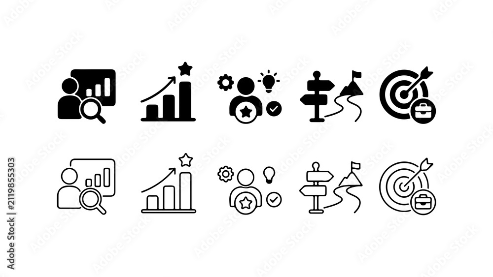 Fototapeta premium Business Performance and Strategy Icon Set in Silhouette and Outline Styles
