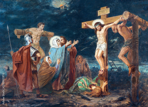 MONZA, ITALY - MARCH 19, 2026: The painting of Crucifixion (cross was station) the church Chiesa di San Carlo by Giovanni Battista Briani 