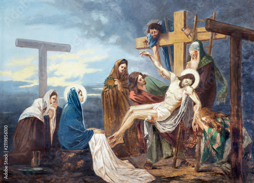 MONZA, ITALY - MARCH 19, 2026: The painting of Deposition from the cross (cross was station) the church Chiesa di San Carlo by Giovanni Battista Briani 