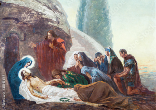 MONZA, ITALY - MARCH 19, 2026: The painting of Burial of Jesus (cross was station) the church Chiesa di San Carlo by Giovanni Battista Briani 