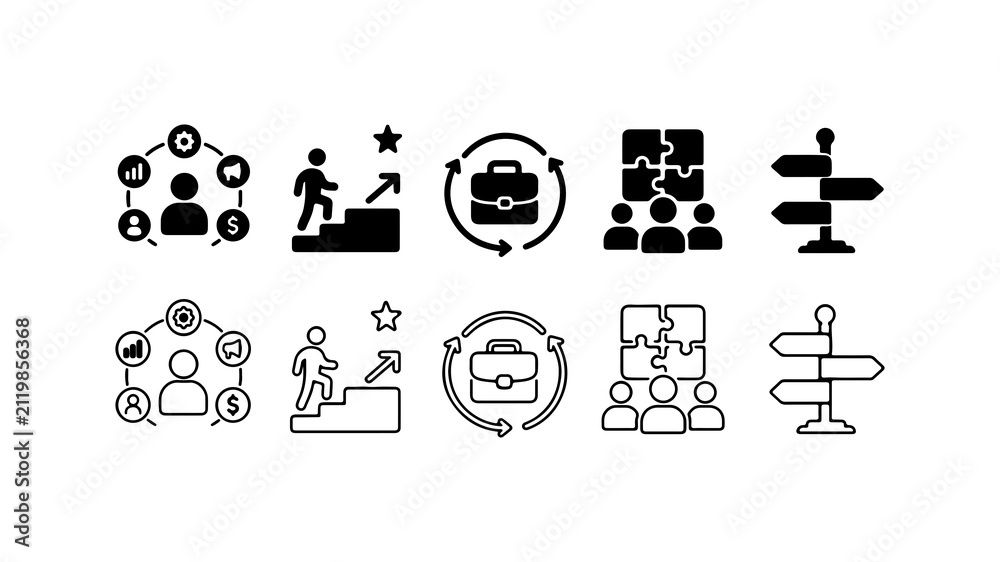 Fototapeta premium Business and Management Strategy Icon Set in Silhouette and Line Art Style