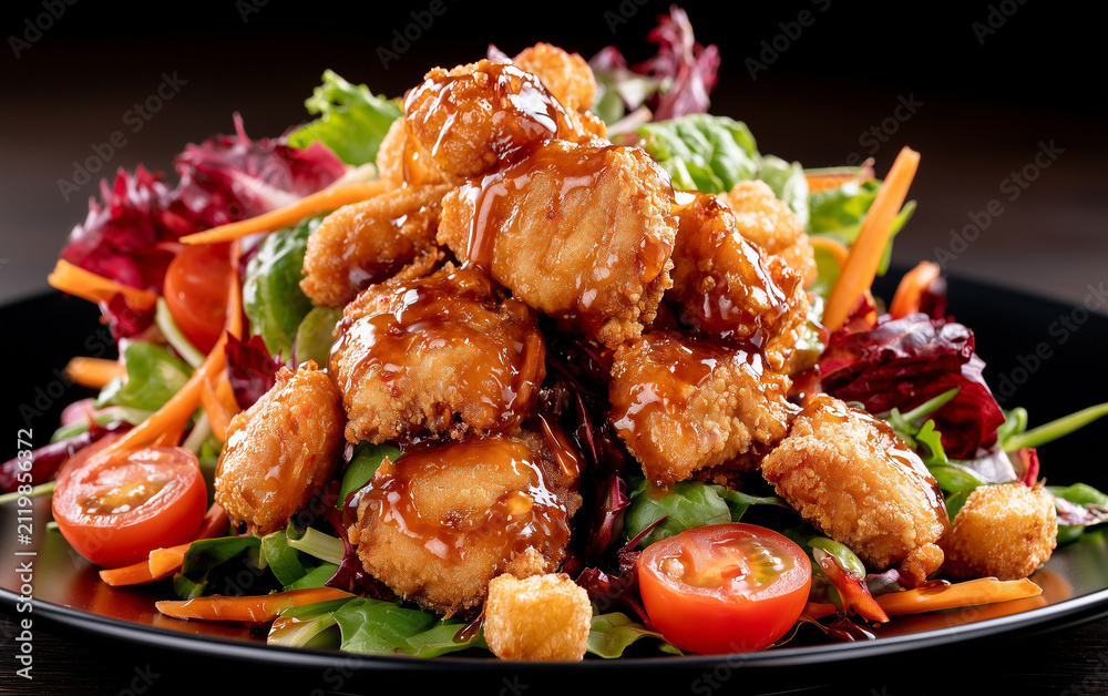 Fototapeta premium Crispy fried chicken salad served in dark bowl. Fresh mix greens lettuce with juicy cherry tomatoes crunchy carrot strips, golden croutons.