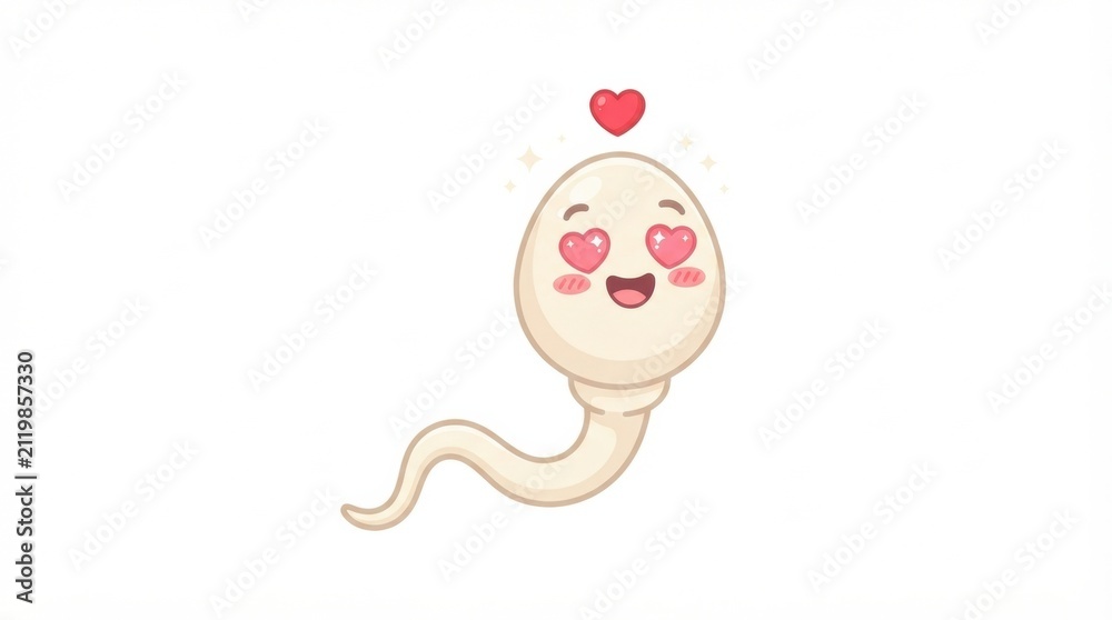 Obraz premium Sperm cell character appears happy and in love with hearts around it, showcasing a fun representation of fertility in a playful design.