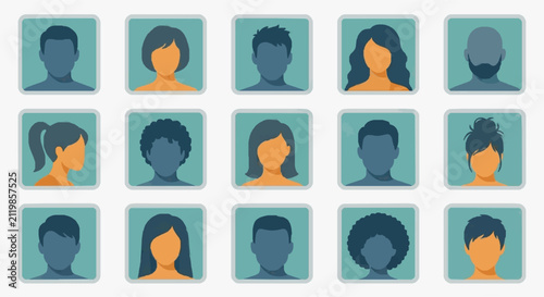 Minimalist Flat Icons Set of Diverse Human Silhouettes with Short and Long Hair Styles in Blue and Orange Color Scheme
